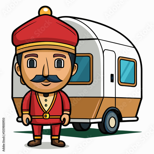 Cartoon Traveler with Caravan: A cartoon illustration of a smiling traveler standing next to a caravan, capturing a spirit of adventure and nomadic freedom.