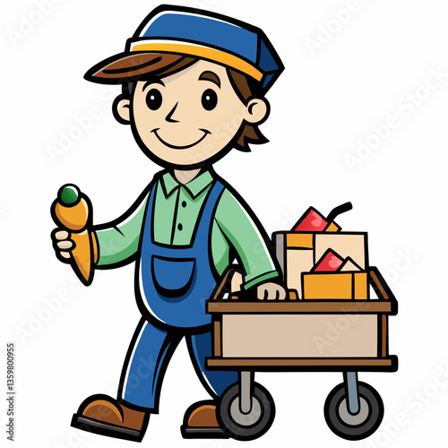 Delivery Boy with Cart: A cheerful cartoon delivery boy pushes a cart filled with groceries, holding a carrot.  The image is vibrant and lighthearted.