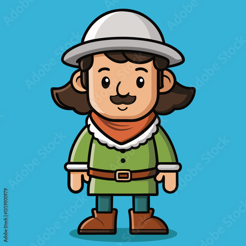Cartoon adventurer with hat: A cartoon adventurer stands confidently, complete with a wide-brimmed hat, green outfit, and an adventurous spirit.