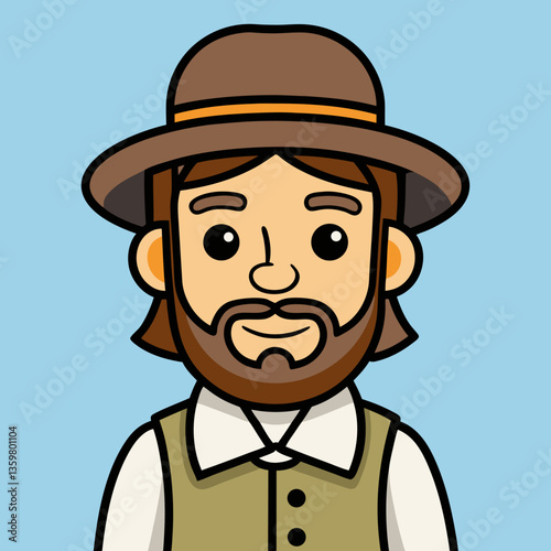 The Bearded Traveler: a friendly cartoon, an illustrative depiction of a warm-hearted wanderer. Capturing the essence of a seasoned traveler.