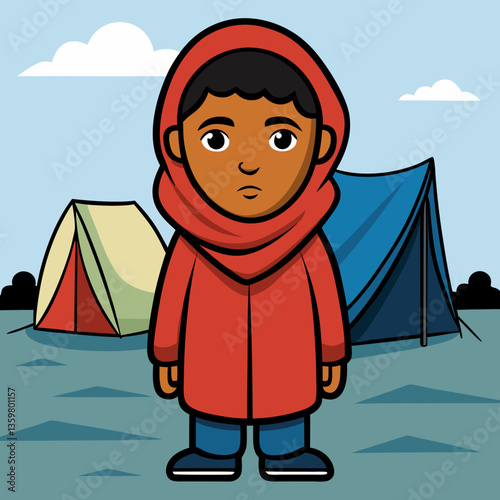 Illustrated Refugee Boy and Tents: A poignant illustration depicts a young boy standing against a backdrop of tents, representing the struggles and resilience of displacement
