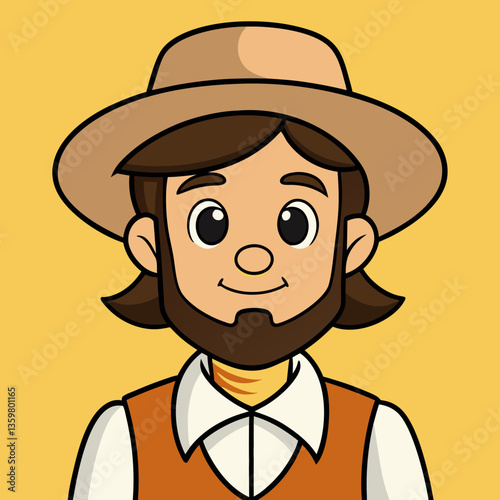 Cartoon Portrait of a Gentleman with a beard and a hat, a portrait style of a cartoon character in an agricultural field.