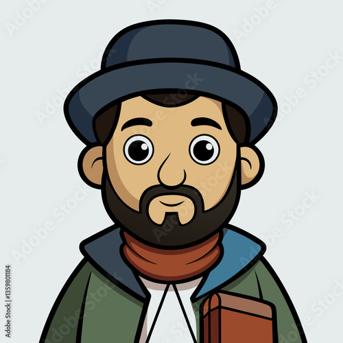Bearded Man Illustration: A captivating illustration portrays a man with a full beard and hat. The character's friendly demeanor exudes warmth.