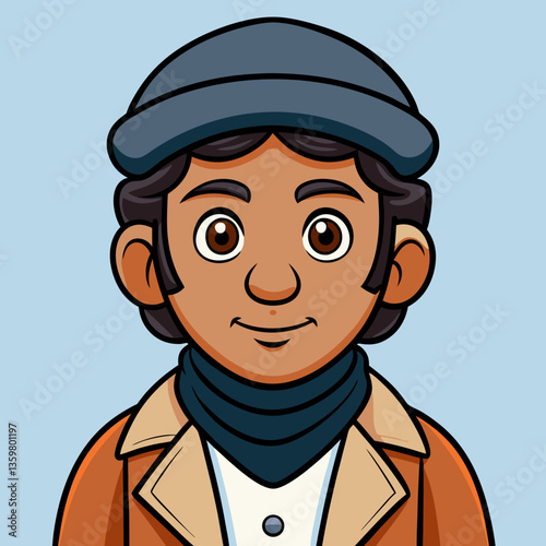 A Thoughtful Expression: A warm, captivating illustration of a person, dressed in a coat and hat, exudes approachability and wisdom. This image is ideal for projects where human connection is vital. 