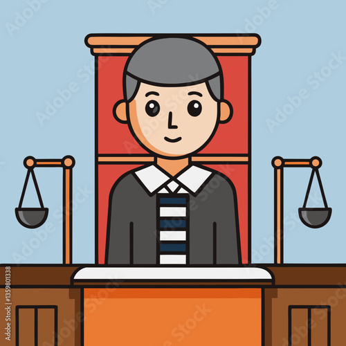 Court of Law: A stylized depiction of a judge seated behind a bench within a courtroom, featuring scales of justice and the symbolism of fairness and legal proceedings.