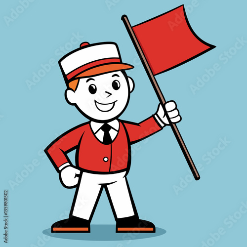 A Cheerful Guide Holding Red Flag: A cheerful guide, stands with a red flag, suggesting a welcoming presence. This colorful illustration conveys a sense of readiness, positivity.