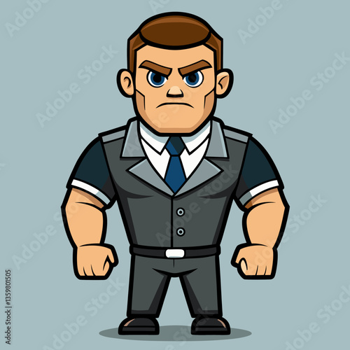 Protective Force: Cartoon depiction of a resolute individual embodying strength and security, with a stern expression and muscular build.