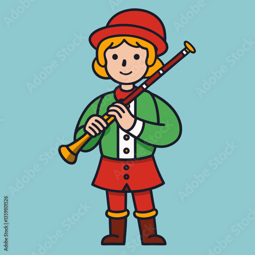 The Serenade Performer: A charming cartoon figure dressed in traditional attire joyfully plays a woodwind instrument, serenading with a melodic tune, filling the space with vibrant joy.