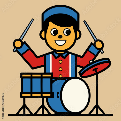 Joyful Drummer Boy Illustration: A cheerful cartoon drummer boy enthusiastically plays his drums, radiating joy and musical energy.