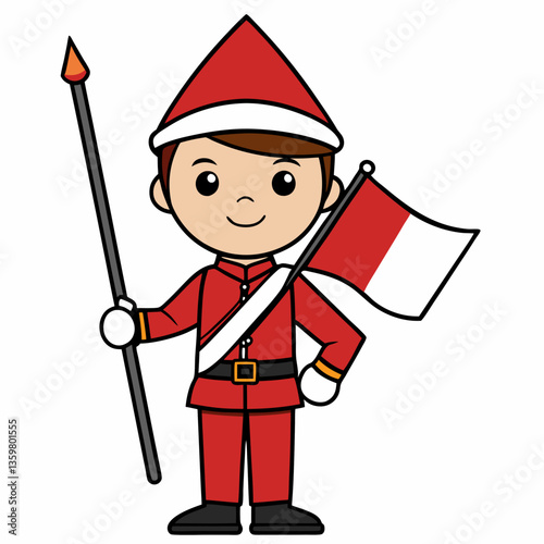 Cute Guard with Flag: A cheerful cartoon illustration of a guard standing with flag and spear. This playful character captures the essence of service and pride.