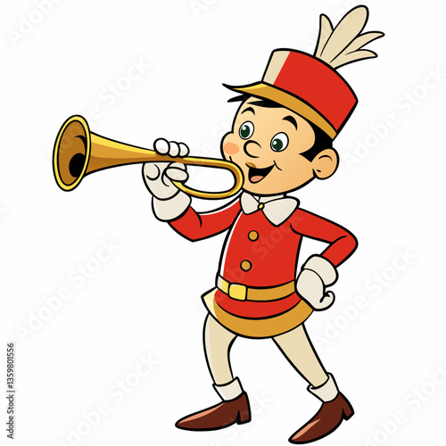Trumpeter's Joyful Melody: A cartoon depiction of a charming trumpeter in vibrant attire, joyfully playing a golden trumpet, radiating cheerful musicality.