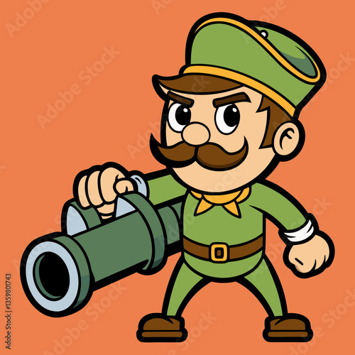 Cartoon Soldier with Cannon: An earnest cartoon soldier, clad in green and yellow, firmly grips a gray cannon, embodying determination in this digital illustration.