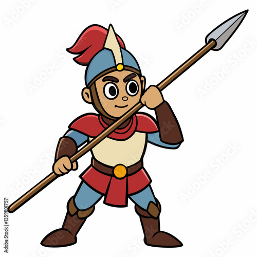 Heroic Vanguard: A brave warrior, clad in vibrant armor, stands poised with a spear, ready to defend, embodying strength and courage against a clean backdrop.