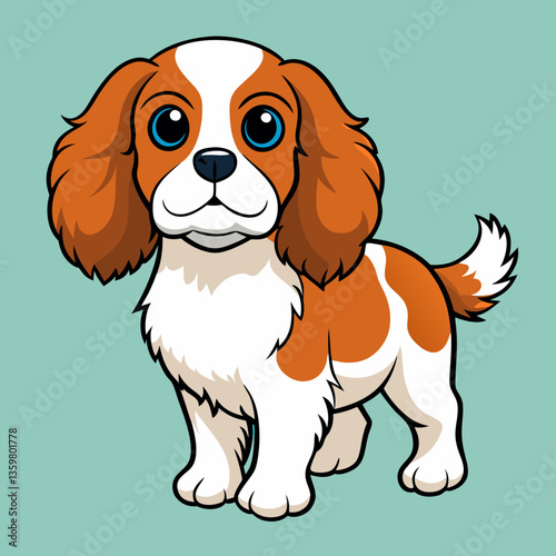 Charming Cavalier King Charles Spaniel Portrait: A delightful cartoon illustration of a Cavalier King Charles Spaniel puppy stands, radiating cuteness, in a bright and clean style.