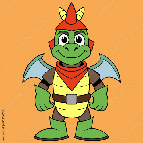 Heroic Dragon Mascot: A charming cartoon dragon, rendered in a dynamic illustration style, stands poised and ready for adventure against a vibrant background.