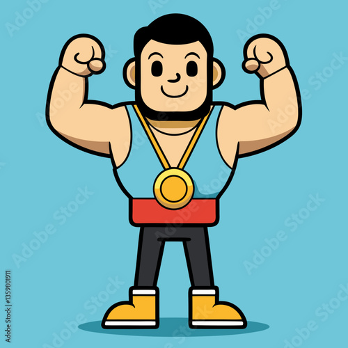 Champion’s Triumph: A Cartoon Illustration of a muscular man shows his biceps and wears a gold medal, radiating confidence and strength.