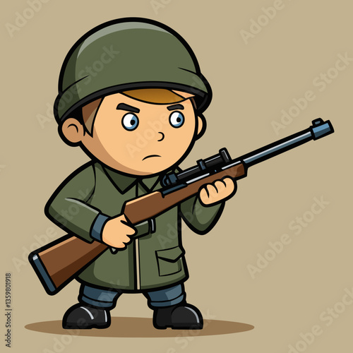 A cartoon illustration of a soldier with serious and brave look holding rifle, portraying military and defense.