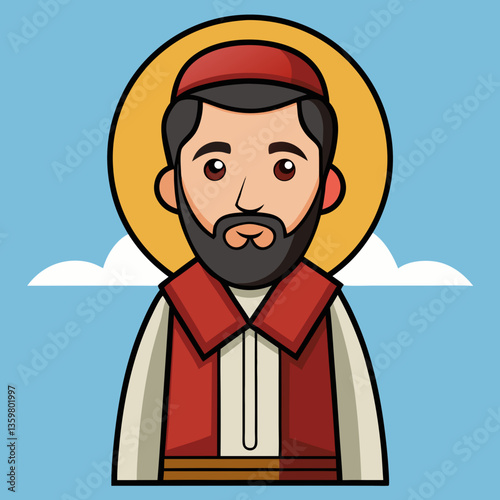 Biblical Figure: A digitally illustrated portrayal of a reverent biblical figure, complete with traditional attire and a serene, contemplative expression, set against a softly-lit, haloed backdrop.