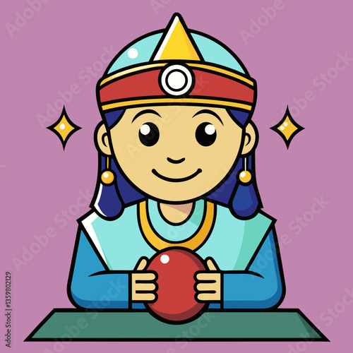 Mystic Gaze: A whimsical illustration depicts a fortune teller gazing into a crystal ball, surrounded by symbols of mystery, intrigue and looking future.