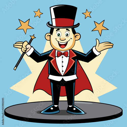 Magician with Magic Wand: A skilled magician, dressed in a top hat and cape, casts a spell with a wand, performing a magical illusion for an audience, as golden stars burst around him.
