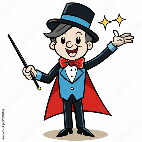 Magician's Performance: A whimsical magician in a vibrant outfit casts a spell with a wave of his hand, surrounded by glittering stars and a magical wand.