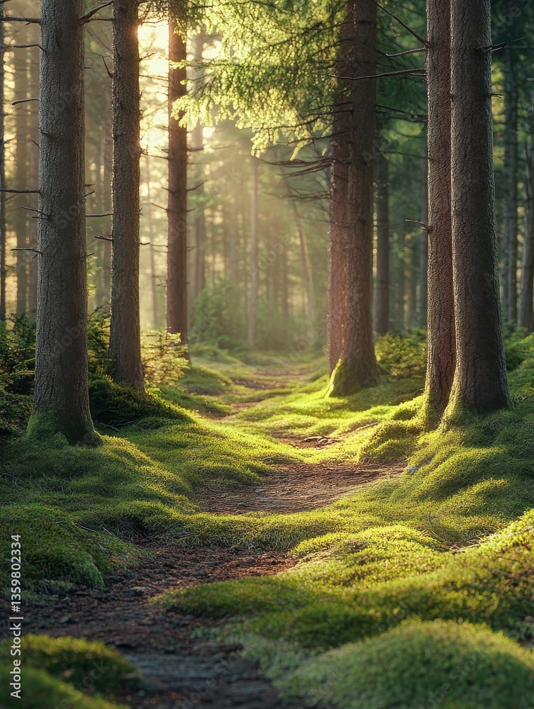 Obraz premium Sunlit pine forest path, mossy ground. Nature background image