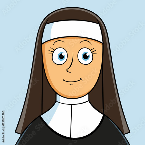 Illustration of a Nun: A serene, illustrated portrait of a nun, embodying faith and tranquility. Depicted with a gentle smile and wearing her traditional religious habit. 