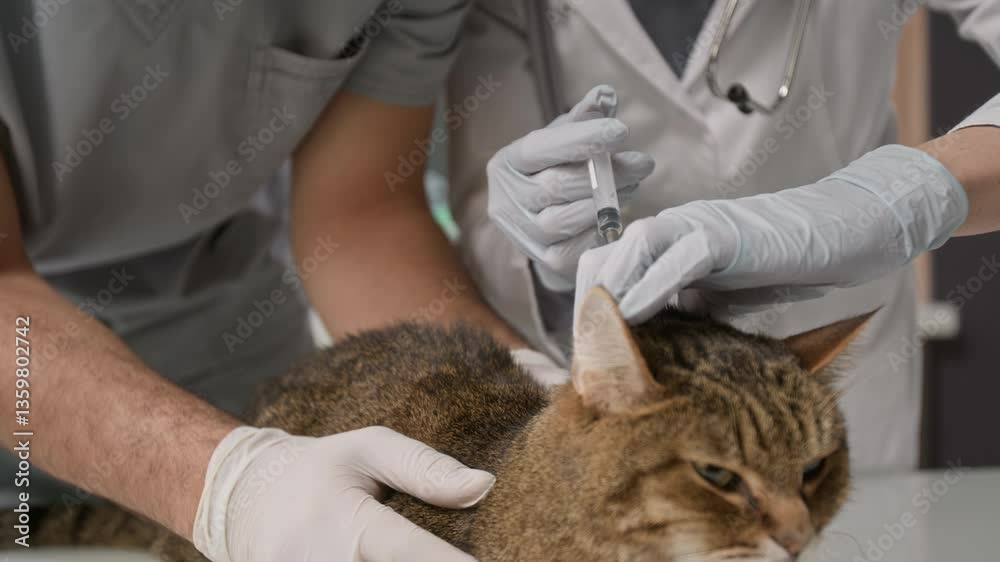 Close up shot of gloved hands of female doctor administering vaccine to cat while her colleague holding and comforting pet during medical procedure in clinic Close up shot of gloved hands of female doctor administering vaccine to cat while her colleague holding and comforting pet during medical procedure in clinic