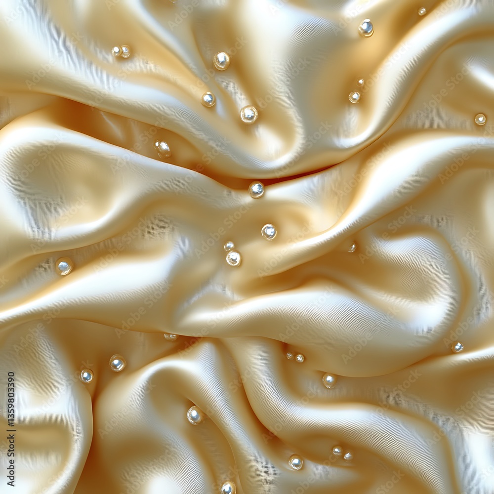 Obraz premium Elegant gold silk fabric, pearls scattered, studio shot, background blur, luxury texture