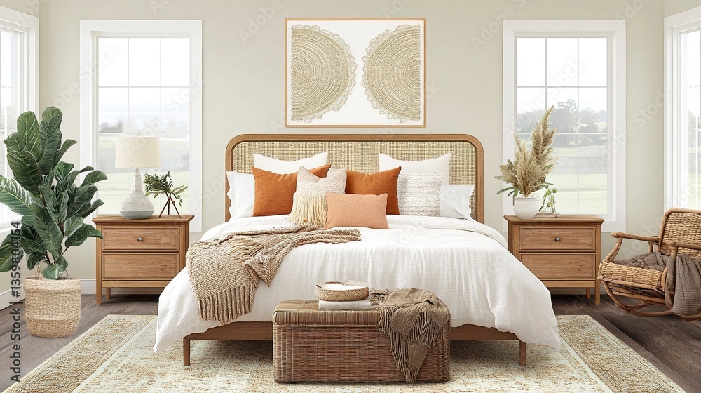 Fototapeta premium Minimal bedroom design, cozy bed with layered textures, light-toned furniture with coastal flair, blank mock-up wall enhancing simplicity, wide-angle front-facing view. 