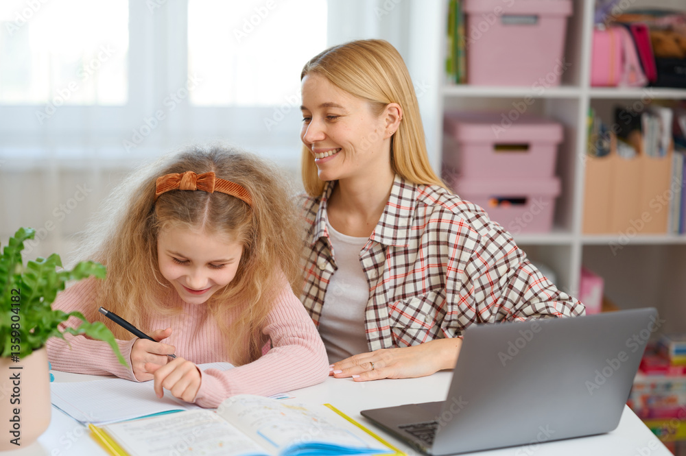 Mother and daughter sit at desk with laptop, solving homework questions together. Engaging home study moment, school preparation with family support