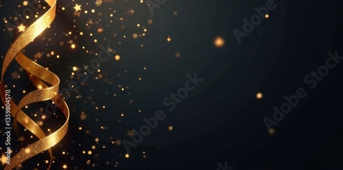 Black background with golden swirl ribbons and twinkling star sprinkles, Christmas, decorations