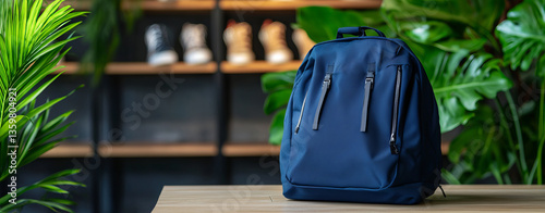 stylish navy backpack is displayed wooden table, surrounded by lush green plants and blurred background of shoes shelves