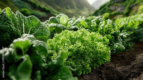 Lush Green Vegetable Garden with Fresh Leafy Greens Bathed in Sunlight in a Scenic Landscape