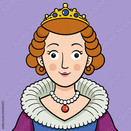 Regal Portrait of a Queen: A charming and delightful cartoon illustration of a queen, adorned with a crown and necklace, ready to bring a touch of majesty and grace to your visual projects.
