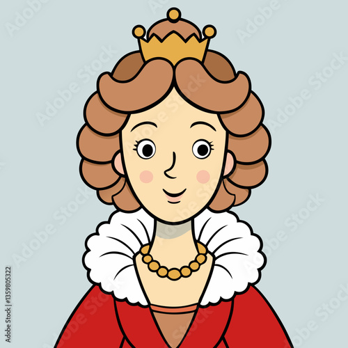 Royal Portrait: A stylized illustration of a regal queen, adorned with a crown, elegant necklace, and elaborate attire, radiates confidence and poise.