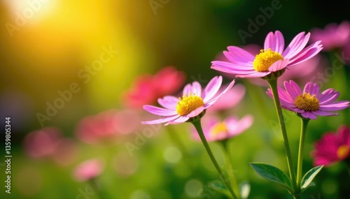 Sun-drenched camomille flowers with long stems, garden, botanical