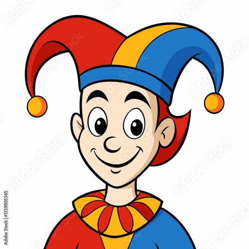 Playful Jester Character: A whimsical jester character with a colorful harlequin hat smiles mischievously, embodying the spirit of playful antics and lighthearted humor.