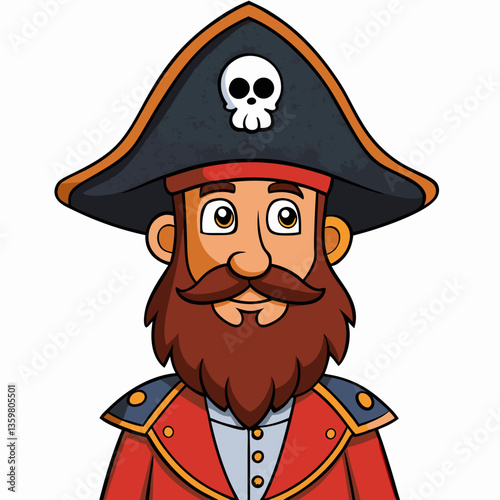 Pirate Captain Cartoon Illustration: A friendly cartoon pirate captain with a large, red beard, a black tricorn hat adorned with a skull, and a red jacket looks thoughtfully ahead.