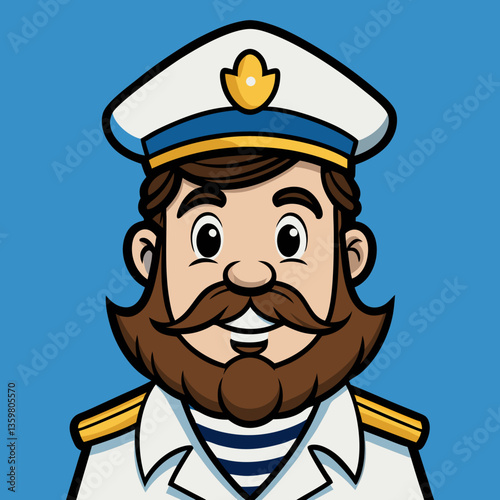 Cheerful Sea Captain Illustration: A jovial captain, his face wreathed in a friendly smile, exudes warmth and maritime authority. His clean uniform and sailor hat are symbolic of nautical life. 