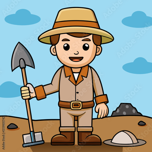 Explorer with Shovel: An explorer, holding a shovel, stands ready against a backdrop of an archeological site. This cartoon embodies the spirit of discovery and historical preservation.