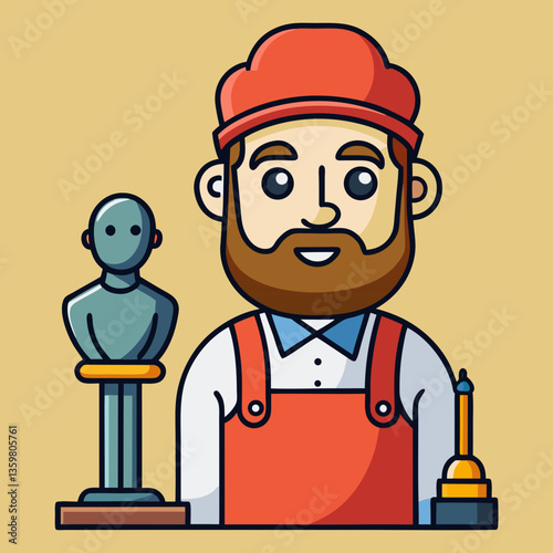 Creative Artisan: A skilled artisan, wearing a stylish cap and apron, stands proudly alongside his crafted masterpieces, an art sculpture and a meticulously designed object.