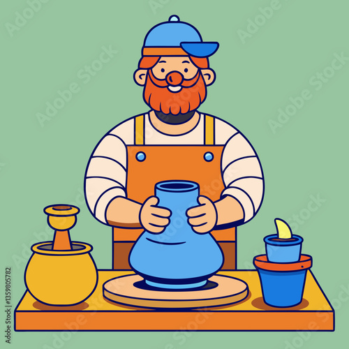 Crafting with Clay: An illustrated artisan skillfully shapes a blue vase on a pottery wheel. His face shows focused determination, surrounded by tools of his craft