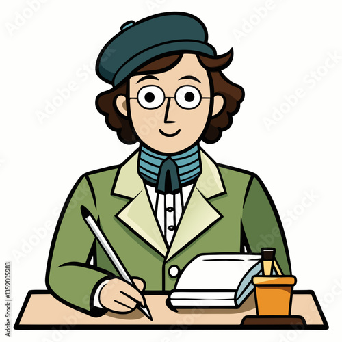 Writer at Work: A cheerful cartoon illustration of a writer, meticulously crafting their next masterpiece.