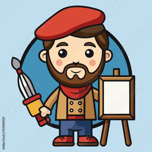 Artistic Vision: An illustrated, friendly artist with a red beret and a large paintbrush, holding a blank canvas, ready to create. A symbol of creativity and imagination, and art.