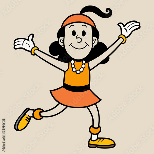 Joyful stride: A cheerful cartoon lady joyfully advances, with open arms and an inviting smile, embodying the spirit of positivity and boundless optimism. 