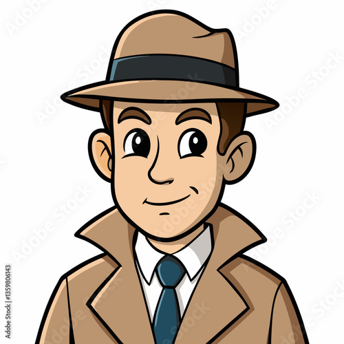 Detective in Disguise: A friendly illustration of a detective wearing a fedora and trench coat, exuding an air of mystery and intelligence.