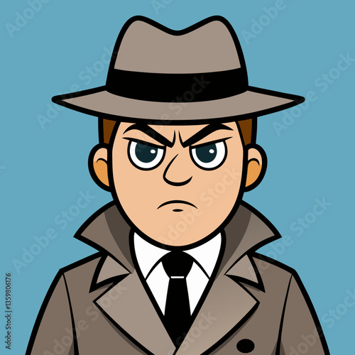 The Mysterious Detective: A stern-faced detective, clad in a trench coat and fedora, stands poised to solve the mystery, his determined gaze reflecting a deep sense of justice.