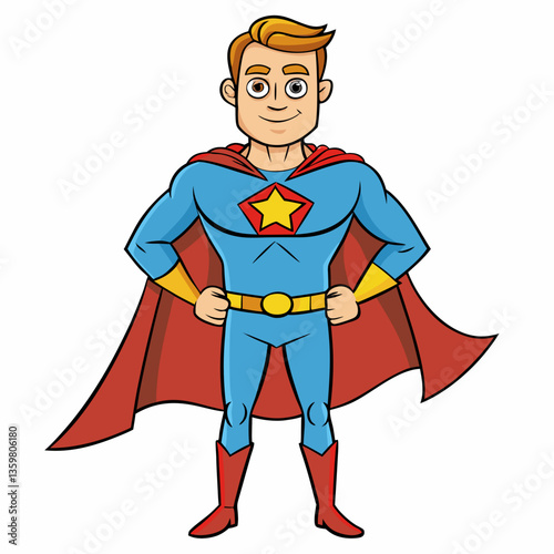 Heroic Pose of a Superhero: A strong and confident superhero with a vibrant costume and a radiant smile stands tall, exuding an aura of protection and bravery, ready to save the day.