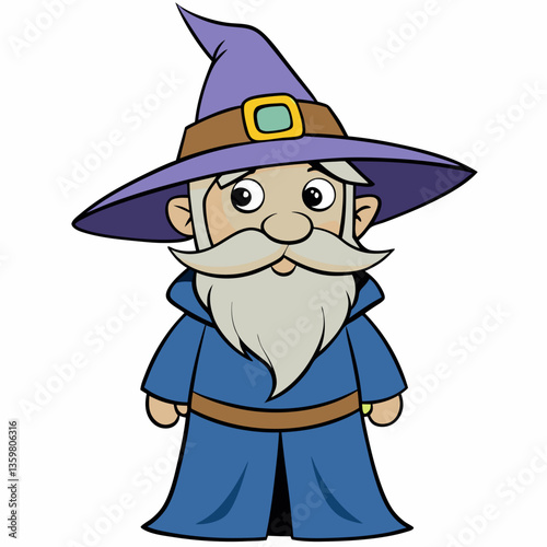 Cartoon Wizard in Magical Robes: A charming cartoon illustration of a wise wizard character, featuring a long white beard, a pointed hat, and a flowing blue robe.